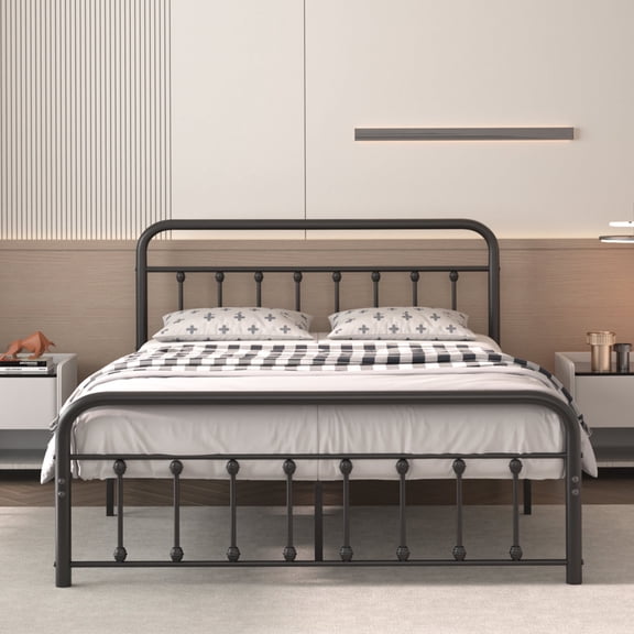 King Metal Bed Frame with Victorian Headboard, Heavy-Duty Steel Platform, Noise-Free Support, Storage Space
