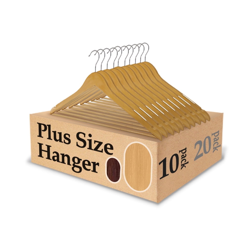 King Mills 19 Inch Plus Size Hangers, Extra Wide Hangers for Plus Size Clothes, Ganchos para Colgar Ropa, Ideal for XL, XXL Shirts, Coats, Dresses, Etc. Wood. Natural 10pk