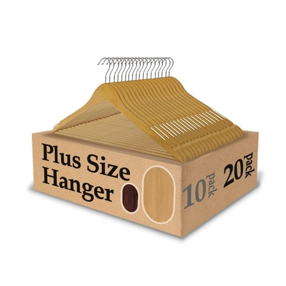 King Mills 19 Inch Plus Size Hangers, Extra Wide Hangers for Plus Size Clothes, Ganchos para Colgar Ropa, Ideal for XL, XXL Shirts, Coats, Dresses, Etc. Wood. Natural 20pk