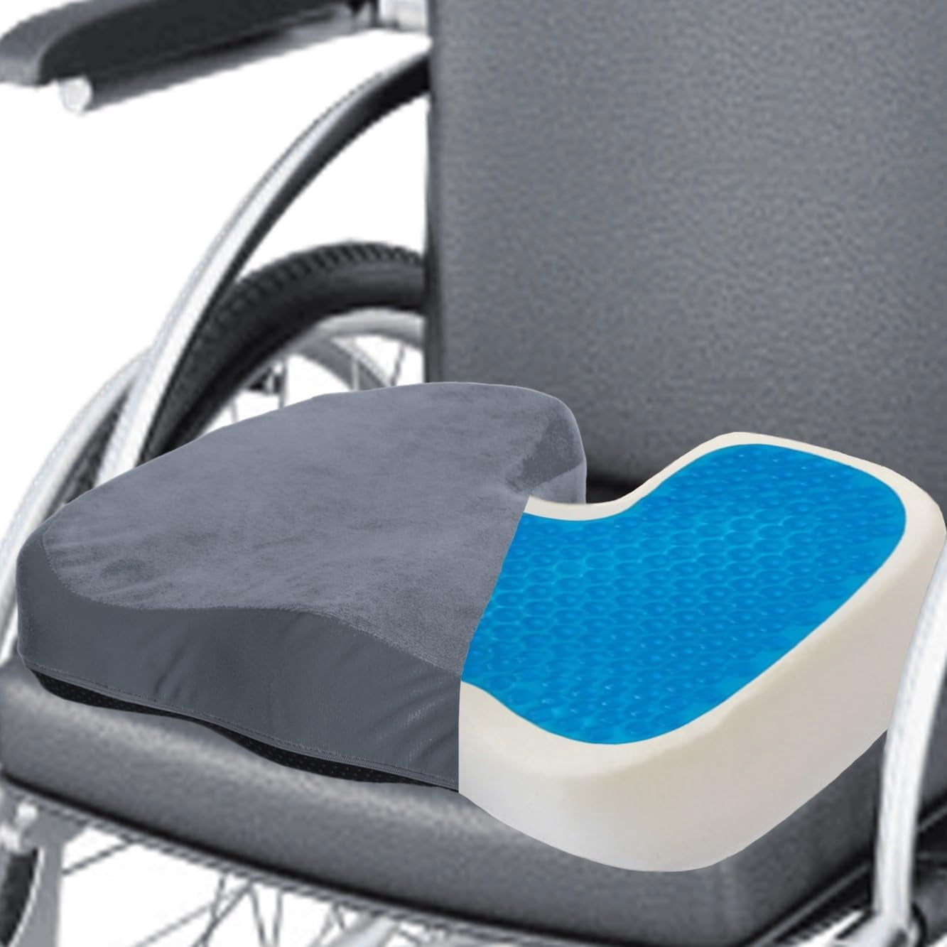 King Mills Gel Pressure Relief Seat Cushion, Everlasting Comfort Seat Cushion, Wheelchair Seat Cushions for Seniors with Removable Strap and 2 Anti-Slip Washable Covers, Grey & Royal Blue