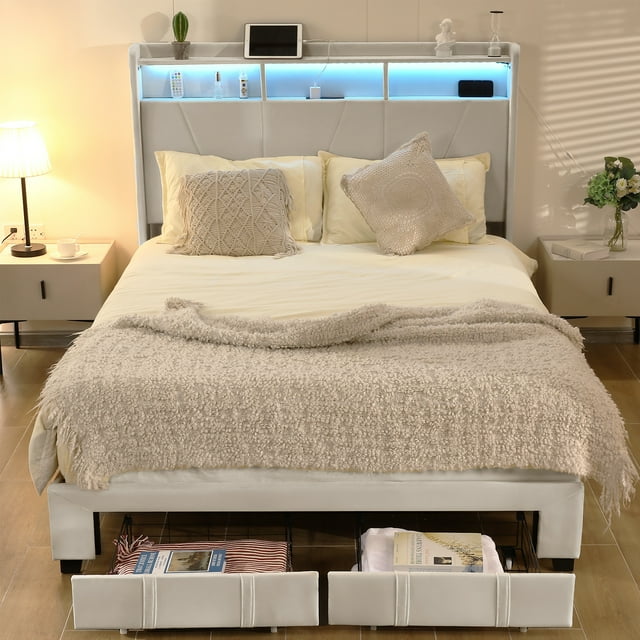 King Modern Bed Frame with Storage Headboard, Charging Station and LED