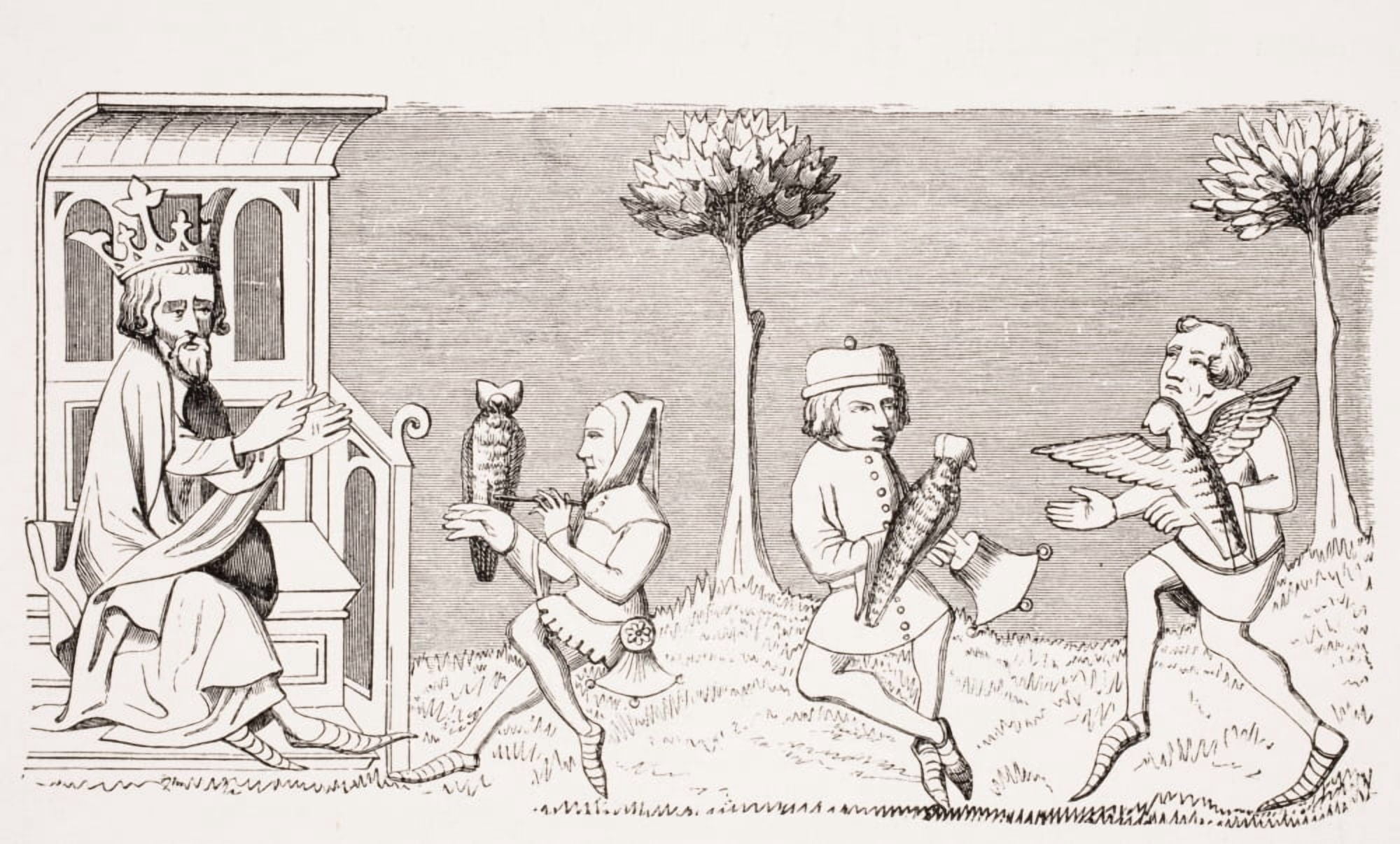 King Modus Teaching The Art Of Falconry 19Th Century Reproduction Of Miniature In 14Th Century Manuscript Livre Du Roy Modus By Henri De Ferrires Canvas Art - Ken Welsh Design Pics (36 x 22)