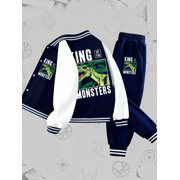 SOMIMOSA King of the Monsters baseball uniform jacket set funny boy black sweater hoodie Casual, Loose Fit, Polyester Spring Fall Outdoor Wear Baseball Jacket Cute Print name cartoon beige cats 3 to 10 years