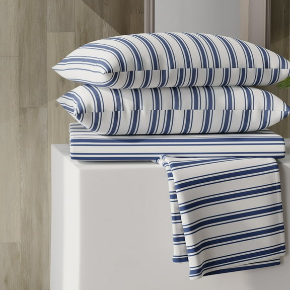 Color Sense 4-Piece Brushed Percale Cotton Blend Bedsheet Set, Cool & Crisp, Breathable, Wrinkle Resistant, King, Navy Stripe