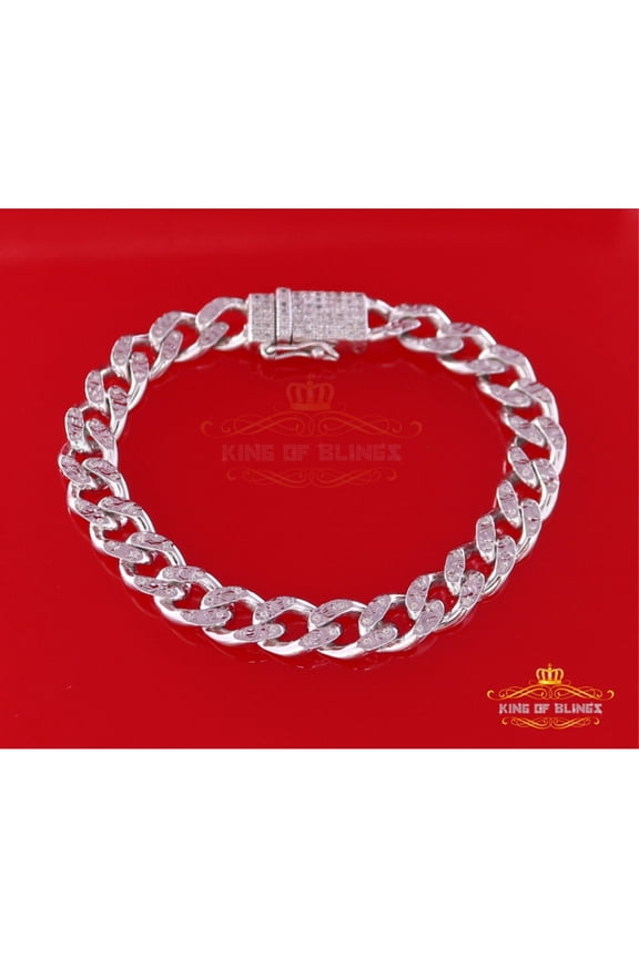 King Of Bings Cuban Sterling White Silver Men's Bracelet 1.50CT Real Diamond Size 7.5 Inch