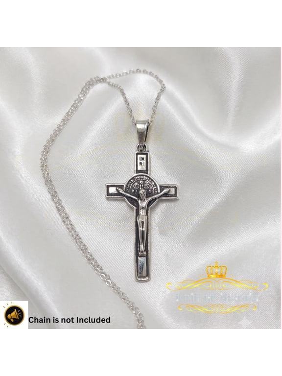 King Of Bling's 925 Sterling Silver White Jesus Crucifix Cross with Saint Benedict Medal Pendant