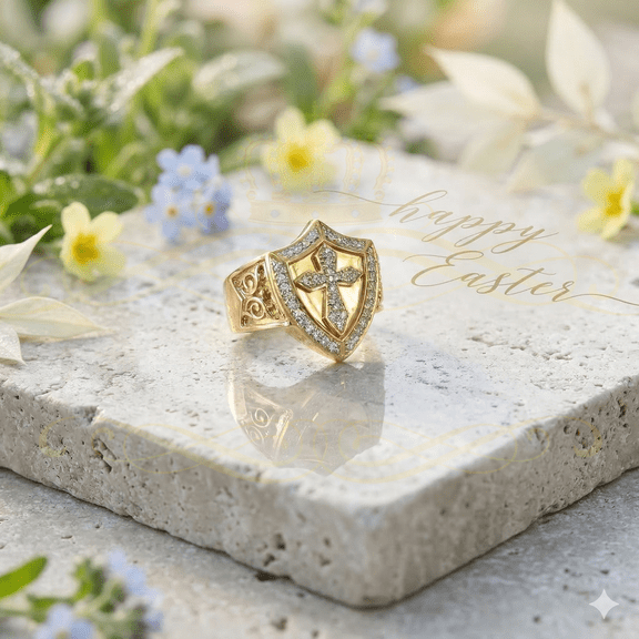 King Of Bling's 925 Sterling Yellow 0.92ct Cubic Zirconia Silver Shield Cross Men's Ring Size 9