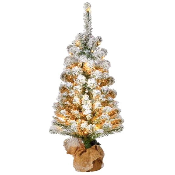 KING OF CHRISTMAS 3ft Pre-Lit Snow Flocked Artificial Christmas Tree with 50 Warm White LED Lights, King Flock Tabletop Christmas Tree with Lights, Small Flocked Christmas Tree for Holiday