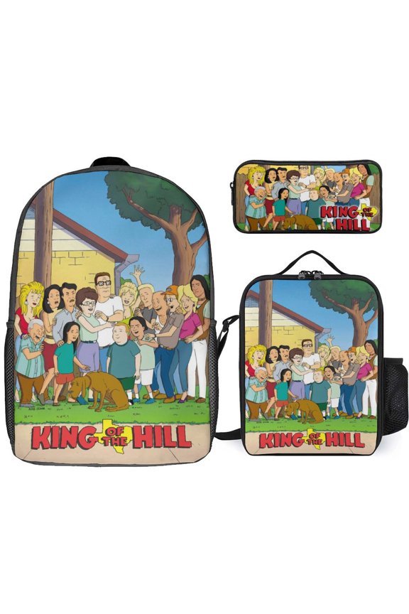 King Of The Hill Backpacks 3pcs Set Laptop Shoulder Bags Casual Daypack Lunch Bag Pencil Case Travel Hiking Work