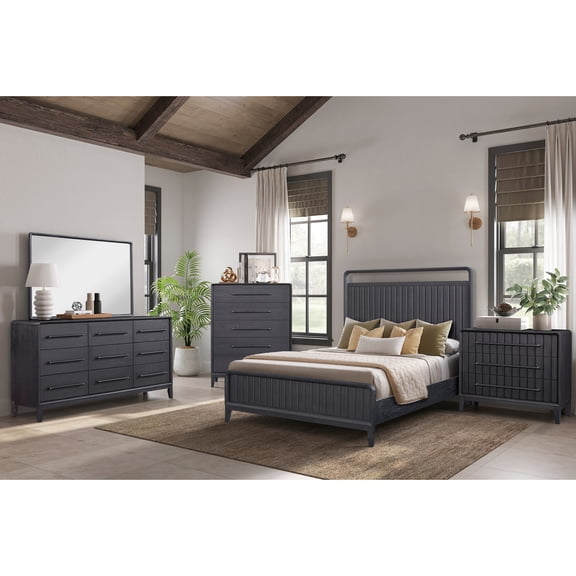 King Open Panel Bed In Peppercorn Finish, Featuring Veneers And Solid Wood + , Black, 88.17 In. Deep, 82.49 Wide, 59.78 Tall, 159.3 Lb, With Channel Pattern Headboard Veneers, Black Color, 86in.