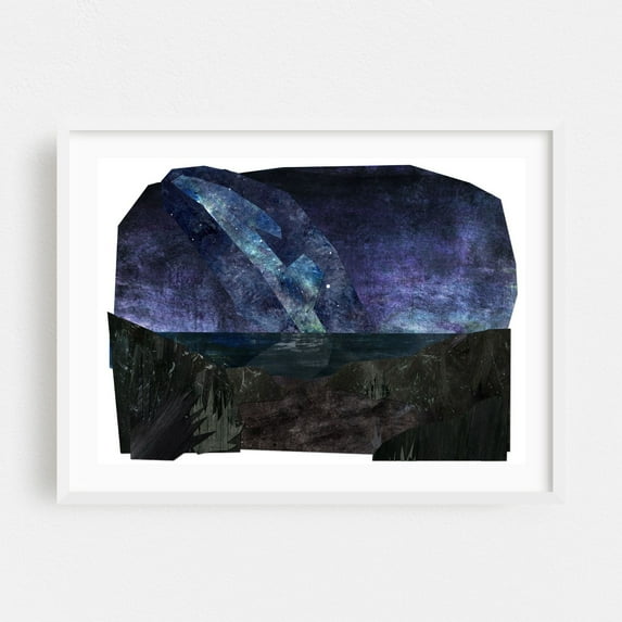 King Orry's big road. - Andreas Isle of Man Collage Abstract Night Sky Surrealism Mystical Cosmic Moody Landscape White Framed Wall Art Print 16 x 24 inches