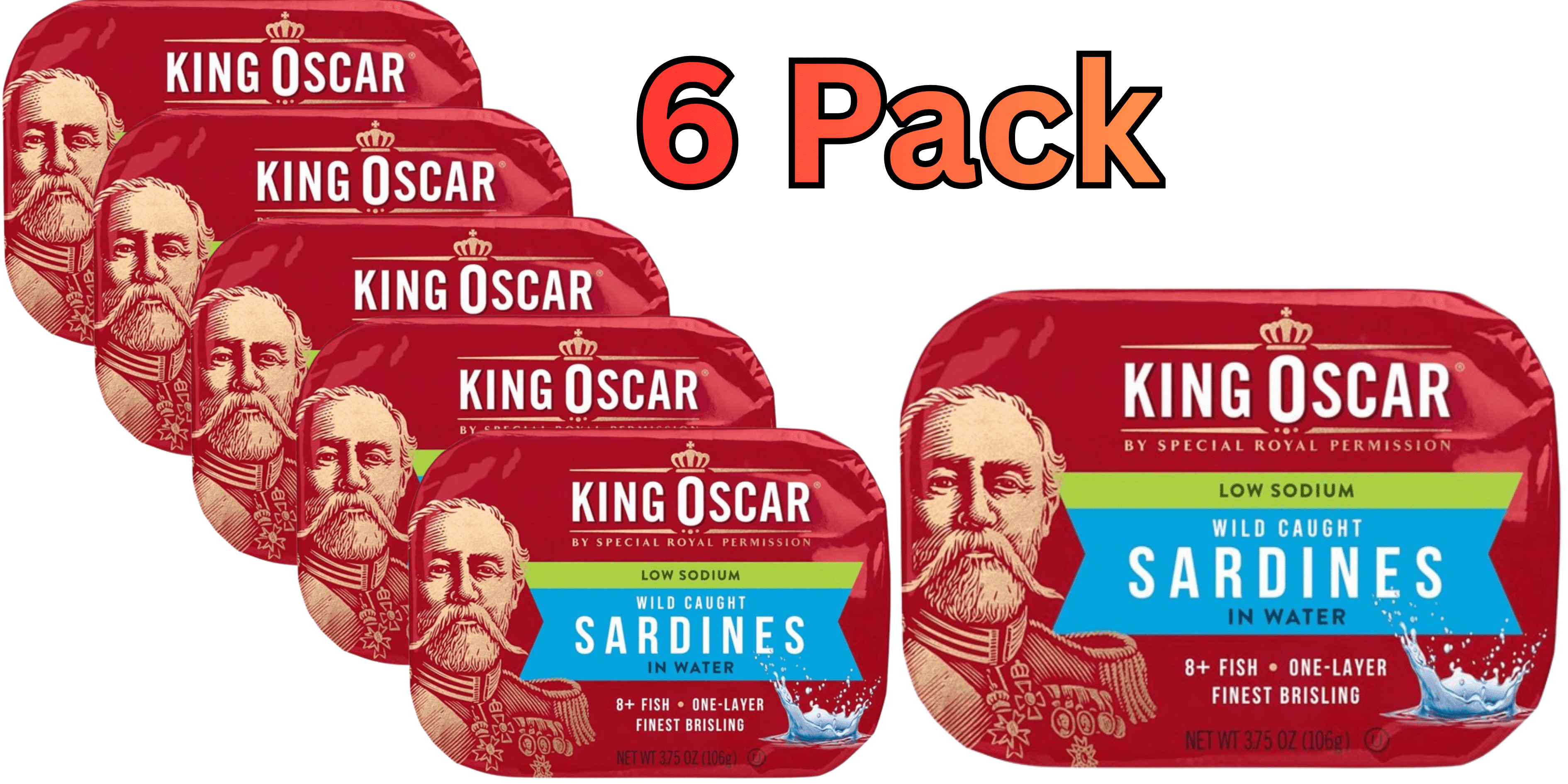 King Oscar Brisling Sardines in Pure Spring Water, 3.75 oz Cans (Pack of 6) – Wild Caught Norwegian Sardines, High Protein, Keto & Paleo Friendly, Shelf-Stable