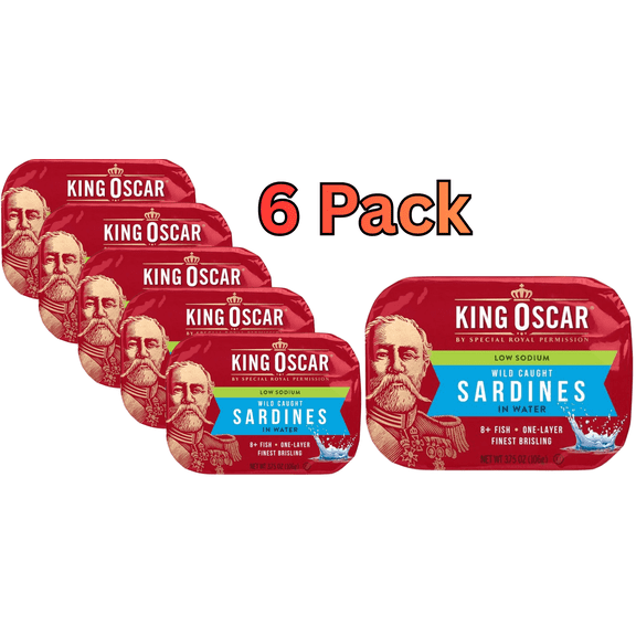 King Oscar Brisling Sardines in Pure Spring Water, 3.75 oz Cans (Pack of 6) Wild Caught Norwegian Sardines, High Protein, Keto & Paleo Friendly, Shelf-Stable