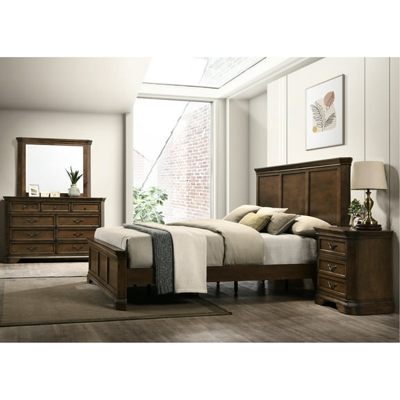 King Panel Bed Bedroom In Antique Walnut Traditional Design With Dresser, Mirror & Nightstand Finish For Size Dresser