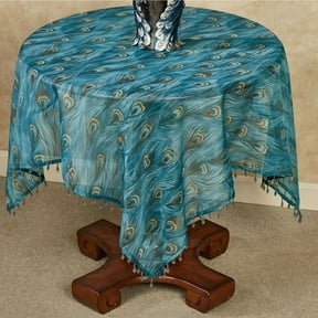 King Peacock Sheer Table Topper Tablecloth, Shades of Aqua, Sapphire, Gold, and Brown 42 Inch Square