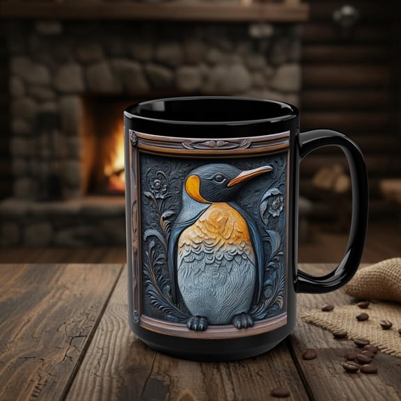 King Penguin Mug, Rustic Wood Effect Penguin Coffee Cup, Arctic Animals Nature Wildlife Bird Lover Gift, South Pole Antarctic Ocean Life Art