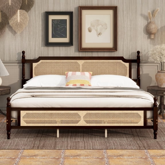 King Pine Bed in Espresso with Rattan Headboard & Footboard and Central Bed Platform