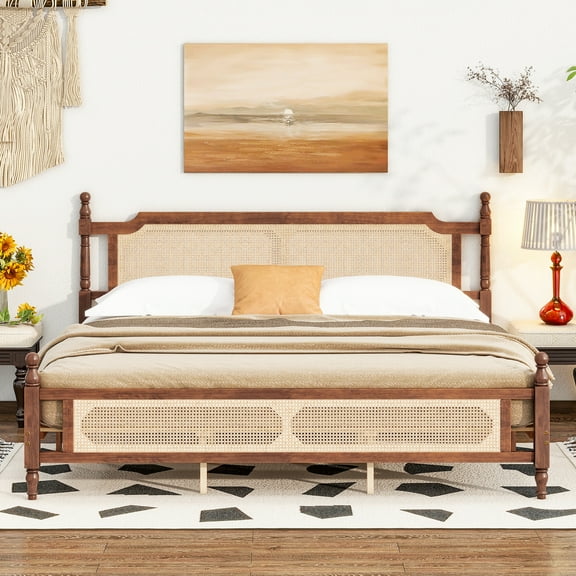 King Pine wooden Bed with Rattan Headboard and Footboard, with Central Enhanced Bed Pl
