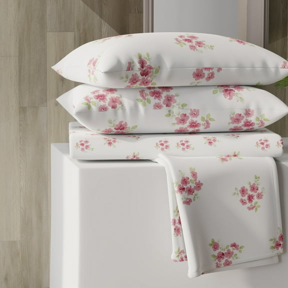 Color Sense Brushed Percale Cotton Blend - 4 Piece Bed Sheet Set - Cool & Crisp, Wrinkle Resistant - King Pink Floral