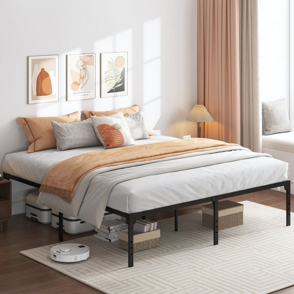 King Platform Bed with 18" Under Bed Storage, Heavy Duty King Bed Frames No Box Spring Needed, King Size Metal Platform Bed with 3-Level Adjustable Height, Black