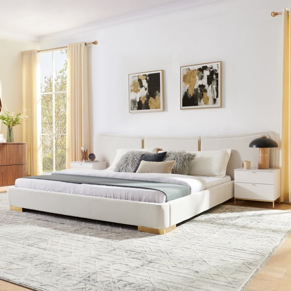 King Platform Bed, Extra Large, Chenille Fabric Frame, Curved Headboard, Metal Legs, DIY Side Storage Design,Beige