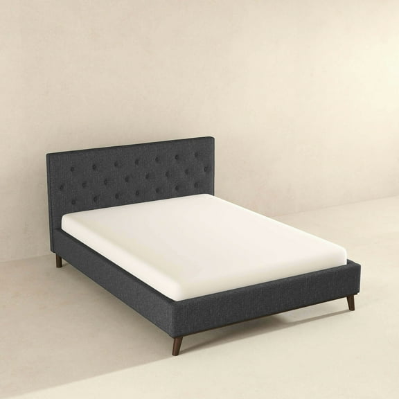 King Platform Bed - Fabric Upholstered, Grey, Extended Head Upholstered In Elongated Headboard Design