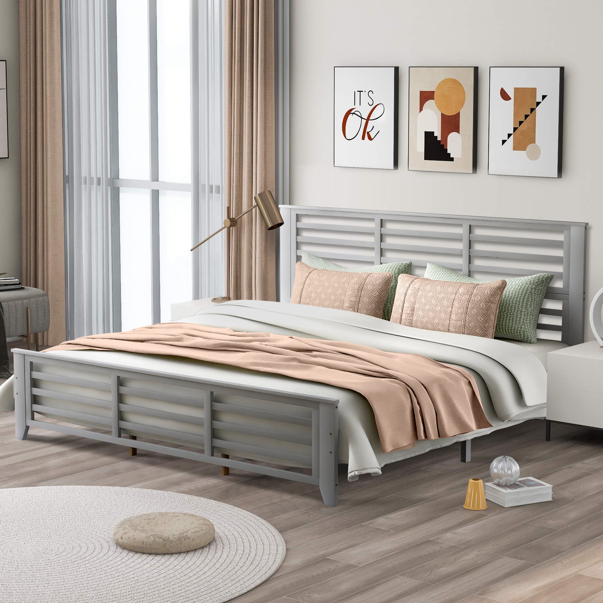 King Platform Bed Frame, Gray King Bed Frame Wood with Headboard and