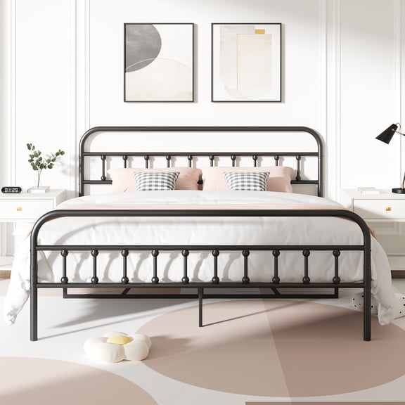 King Platform Bed Frame with Headboard, UHOMEPRO Metal King Size Bed Frame for Adults Teens, Rustic Vintage King Bed Frame Bedroom Furniture, No Box Spring Needed, Noise Free, Smooth Finish, Black