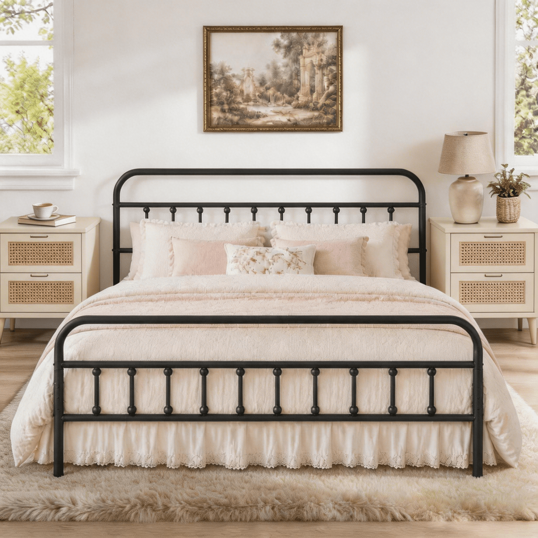King Bed Frame with Headboard and Footboard, UHOMEPRO Metal Bed Frame with Vintage Victorian Style, Easy Assembly & No Box Spring Needed, Black