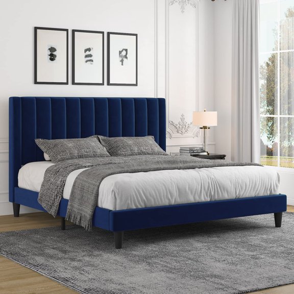 King Platform Bed Frame/Velvet Upholstered Bed Frame with Vertical Channel Tufted Headboard/Strong Wooden Slats/Mattress Foundation/Box Spring Optional/Easy Assembly/Navy Blue