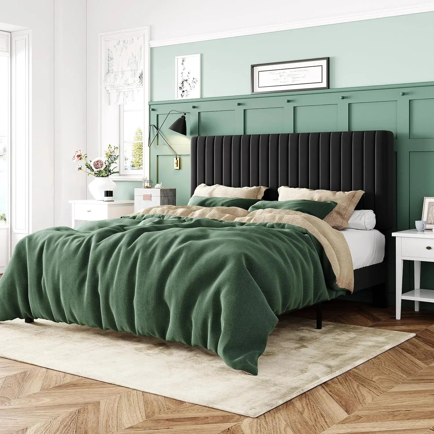 King Platform Bed Frame, with Adjustable Vertical Channel Tufted