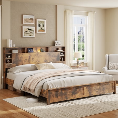 King Platform Bed Frame with Bookcase, Charging Station and LED Light, No Box Spring