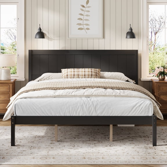 King Platform Bed Frame with Headboard Wood Slat Support No Box Spring  Mdf, for Bedroom  Pine wood+MDF