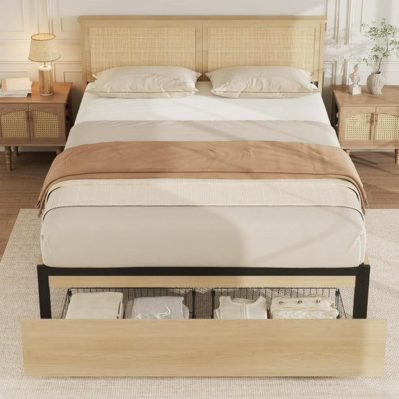 King Platform Bed Frame with Natural Rattan Headboard, 2 Storage Drawers, Wood Slats, No Box Spring, Cane Style