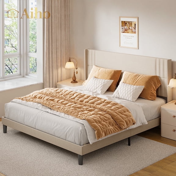 King Platform Bed Frame with Wingback Headboard, Beige