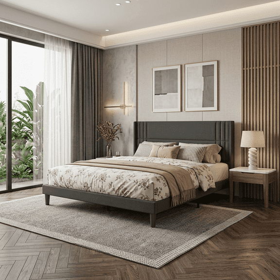 King Platform Bed Frame with Wingback Headboard, Wood Slat Support, Noise-Free, No Box Spring Needed, 850 lbs, Dark Grey