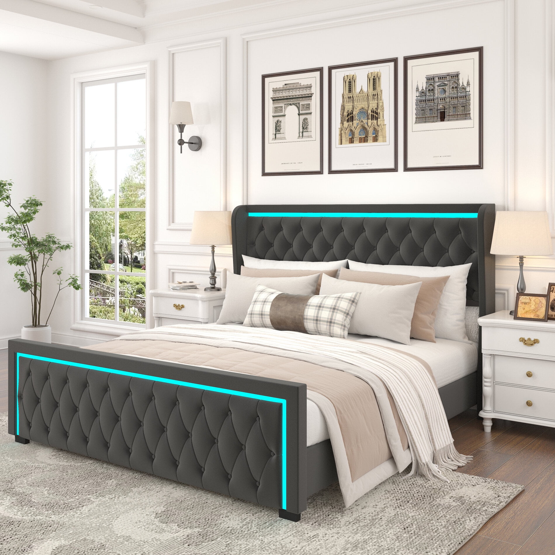 King Platform Bed with High headboard,Velvet Upholstered Bed Frame with ...