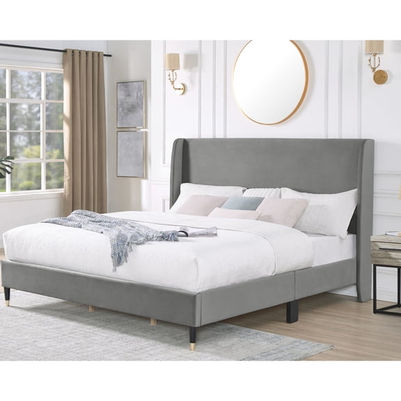 King Platform Bed With Gray Velvet Wingback - Elegant And Comfortable Interior In