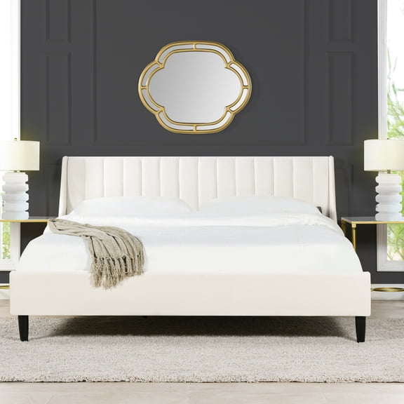 King Platform Bed With Headboard In Cloud White Velvet And Excellent Support