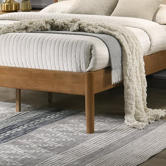 King Platform Bed with Upholstered Headboard Light Walnut Rubberwood No Box Spring Needed