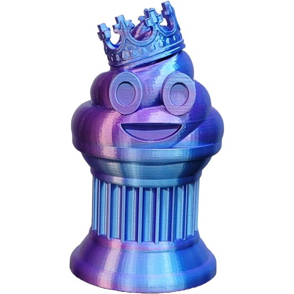 King Poop Emoji Trophy - Fun Award & Gift - Handmade w/Additive Manufacturing - 6" inches Tall - Featuring a Solid Poop Emoji with a Crown, Secured on a Column Pillar (Blue/Purple)