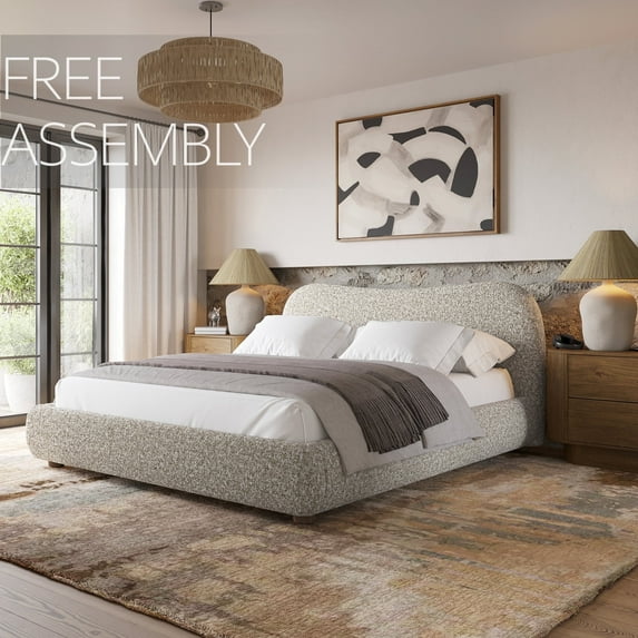 King Premium Robin Platform Bed – Modern Upholstered Frame with Thick & Smooth Curved Headboard, Boho, Performance Fabric, Non-Slip, Low-Profile with Smooth Rounded Corners, Bedroom (Robin, King)