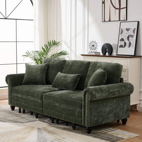 King Pull Out Sofa Bed with Nailhead Trim and Rolled Arms, 86" 3-in-1 Convertible Sleeper Sofa for Living Room Green