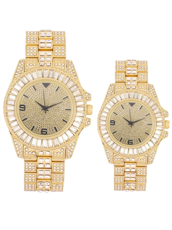 King and Queen Bling'ed Out His and Hers Hip Hop Matching Watch Set - Perfect for Today's Power Couple on Point - ST10327ML His/Hers (ST10372Gold Gold)
