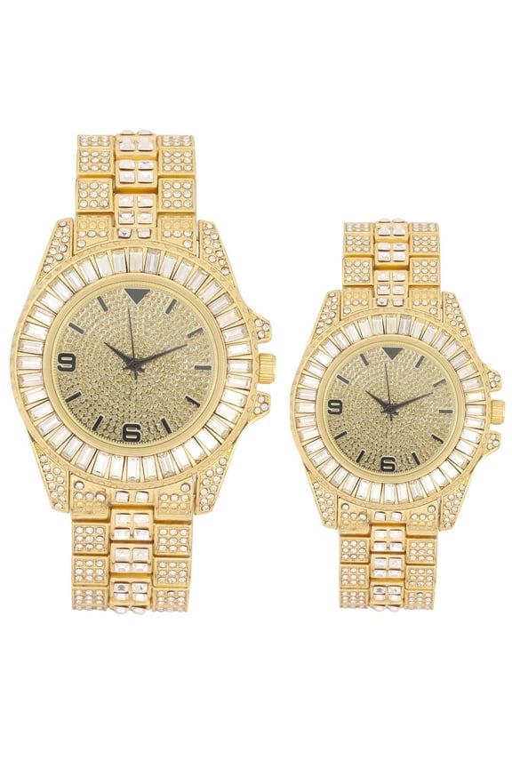 King and Queen Bling'ed Out His and Hers Hip Hop Matching Watch Set - Perfect for Today's Power Couple on Point - ST10327ML His/Hers (ST10372Gold Gold)