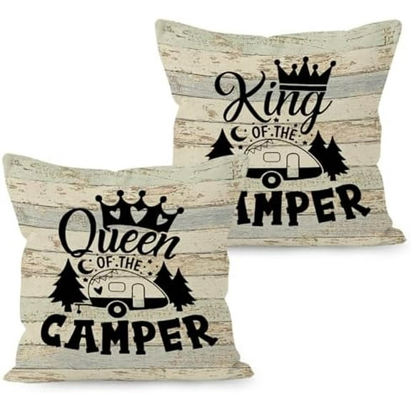 King Queen of The Camper Throw Pillow Covers, Funny Camping Camper Gifts for Couples, Couple Camping Pillow Cases 18 x 18 Inch Home RV Camper Room Bed Sofa Decor Set of 2