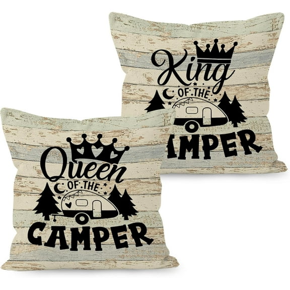 King Queen of The Camper Throw Pillow Covers, Funny Camping Camper Gifts for Couples, Couple Camping Pillow Cases 18 x 18 Inch Home RV Camper Room Bed Sofa Decor Set of 2
