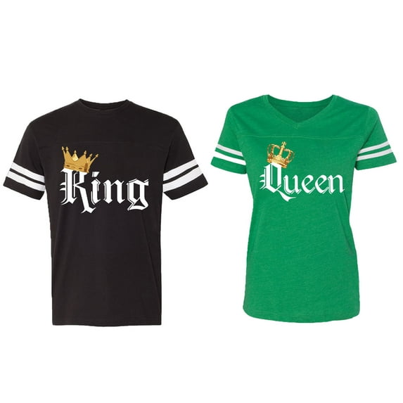 King & Queen Color Matching Couple Cotton Jerseys (Men Black / Women Green) (Men XXL / Women S)