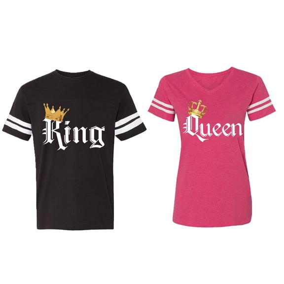King & Queen Color Matching Couple Cotton Jerseys (Men Black / Women Pink) (Men XL / Women S)