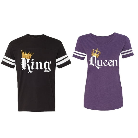 King & Queen Color Matching Couple Cotton Jerseys (Men Black / Women Purple) (Men XXL / Women L)